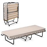 COSTWAY 90x200cm Gästebett mit Matratze aus Rückstellschaum, Klappbares Einzelbett, Stabiler Metallbett bis 120 kg, Klappbett auf Rädern, Faltbett für Camping & Gästezimmer, Tragbares Bett (Beige)