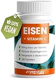 Eisentabletten 180x mit 40 mg Eisen + Vitamin C (40mg) aus Hagebutten - Tabletten VEGAN mit bioverfügbarem, hochdosiert aus -Bisglycinat - ohne unerwünschte Zusatzstoffe