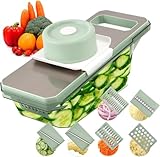 Yuirshion Gemüsehobel Edelstahl,7 in 1 Multifunktional Panel Gemüsehobel,Leicht Abtropfender Vegetable Chopper Dicer,Mit Abflusskorb und 6 Klingen-Grün