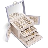 Vlando Schmuckkasten Schmuckaufbewahrung mit 4 Ebenen, Schmuckschatulle PU Leder, Schmuckbox mit Spiegel und Schubladen, Schmuck Organizers, Innenfutter aus Samt, Lila