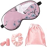 1 Set Schlafmasken mit Ohrstöpsel, Aufbewahrungstasche und Haargummis, Seiden Schlafmaske Augenmaske Augenabdeckung Kranich Muster Seiden Augenmaske mit Verstellbar Gurt (Rosa Kranich)