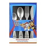 P:os 29991049 - Besteck-Set mit Paw Patrol Prägung, 4-teiliges Kinder-Besteck aus rostfreiem Edelstahl, Ess-Besteck mit Messer, Gabel, Suppen-Löffel und Dessert-Löffel, spülmaschinengeeignet