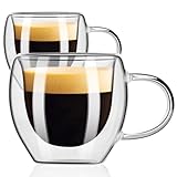 PARACITY Espressotassen 2er-Set, doppelwandiges Espresso-Schnapsglas mit Griff, 75ml hohe Borosilikat-Expresso-Schnapsbecher, Espresso-Zubehör