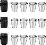 12 Stück Edelstahlbecher 30 ml Flachmann Becher, Schnaps Gläser aus Metall, Schnapsbecher Edelstahl, Metall Becher Set mit Leder Tasche, Tragbar Metallbecher für Outdoor Urlaub