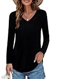 Elesomo Damen Longshirt V Ausschnitt Langarm Oberteil Casual Baumwolle Tops, Schwarz XL