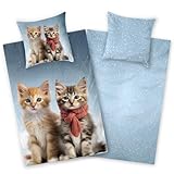 Aminata kids - Bettwäsche 135x200 Katze Biber - Biberbettwäsche mit Katzen-Motiv - Kinder - warm weich & kuschelig - YKK Reißverschluss