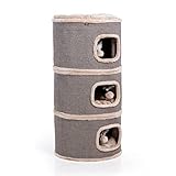 CanadianCat Company | Kratztonne Tony aus Sisal, Höhe 90 cm, Spieltonne für Katzen ø 45 cm, Katzenkratzbaum mit 3 Höhlen, Katzenbaum, Kratzturm aus Sisal, Katzenmöbel, Plüsch mit Spielball, Beige