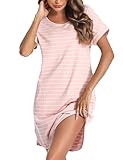 Litherday Nachthemd Damen Kurz Nachtwäsche Streifen Nachtkleid Sleepwear Negligee Kurze Ärmel Sleepshirt aus 95% Baumwolle Loungewear mit 2 Tasche, Rosa+weiß, L