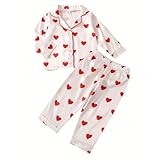 Schlafanzug mit Herz Print Kleinkind Lang Satin Pyjama Weiche Atmungsaktive Nachtwäsche Set Langarm Schlafanzüge Button Langarm Zweiteiliger Loungewear Set Seide Hauskleidung (Pink, 3-4 Years)