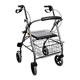 Drive Medical Rollator GIGO aus Aluminium I Reiserollator klappbar, inkl. Korb, Sitztablett & Stockhalter I Gepolsterte Rückenlehne, ergonomische Griffe & Bremsen I belastbar bis zu 120kg