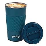 SUNTQ Kaffeebecher to go Thermo aus Edelstahl - Thermobecher mit Gummierte Manschette Doppelwand Isoliert - Kaffeetasse mit Auslaufsicherem Deckel Wiederverwendbar 510ml Blau