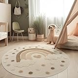 Paco Home Teppich Kinderzimmer Kinderteppich Spielteppich Krabbelteppich Kurzflor Motiv Sonne 3D Effekt Weich Moderne Deko, Grösse:120 cm Rund, Farbe:Sand