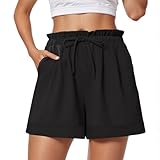 Neteson Shorts Damen Sommer Kurz Musselin Hose Shorts Beach Lässige Stoffhose Freizeit Mit Taschen Kordelzug Gerades Bein