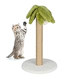 Relaxdays Kratzsäule für Katzen, Palme, HxD: 54x31 cm, Kratzstamm mit Bommel, Leinen-Seil, interaktiver Kratzbaum, bunt