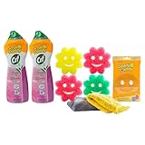 Scrub Daddy Reinigungszubehör-Set – Cif Floral Bundle – enthält Scrub Mommy Geschirrschwämme, Mikrofaser-Handtücher, Küchenspüle Caddy und Cif Cream Allzweckreiniger, Pink Lilly (9 Stück)