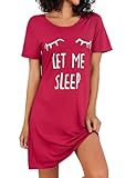 Uniexcosm Nachthemd Damen Kurzarm Süß Schlafshirt Wimperndruck Nachtwäsche mit Rundhals Sommer Soft Sleepshirt Weinrot-1 3XL