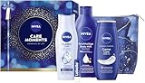 NIVEA Care Moments Geschenkset, Geschenk für Frauen, Geschenkbox mit Duschgel (250 ml), Shampoo (250 ml), Body Lotion (400 ml), Labello Lippenpflege (4,8 g) und Kulturtasche