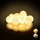 Relaxdays, weiß LED Lichterkette mit 10 Baumwollkugeln, batteriebetrieben, Schalter, Stimmungslichter, Kugeln 6 cm Ø, PS, Baumwolle