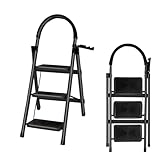 XUANYU Sicherheitsleiter Klappbar mit Anti-Rutsch-Füße und Trittstufen, Trittleiter mit Griff, Stufen Leiter mit Klapptritt, Robuste Stahlleiter bis 150 kg belastbar (Schwarz, 3 Stufen)