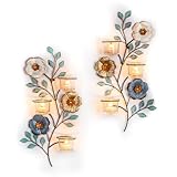Sziqiqi Kerzenhalter Wand Wanddeko Wohnzimmer: Wandkerzenhalter Kerzenständer Metall mit 6 Teelicht Glas - Bunte Blume und Blatt Kerzenleuchter Wand als Wanddeko für Flur Badezimmer Schlafzimmer