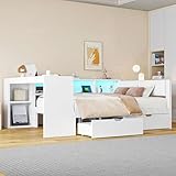 VSOGA Plattformbett 140x200 cm mit Schubladen, Ladestation, LED-Leuchten und gepolstertem Kopfteil, Stauraumbett Weiß
