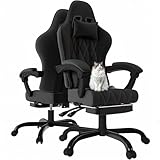JUMMICO Gaming Stuhl Stoff mit Federpolsterung, Ergonomischer Bürostuhl mit Massager. Gaming Chair mit Kopfstütze, Fußstütze, Höhenverstellbar. Gamer Stuhl 150 kg belastbarkeit, Schwarz