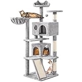 Yaheetech Kratzbaum 145 cm Kletterbaum mit 2 Katzenhöhlen 3 Aussichtsplattformen Katzenkratzbaum Spielsisal Katzenmöbel, Hellgrau