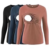 Love2Mi 3er Pack Damen Stillshirt Gerippte Langarm stilltops Doppellagige Umstandsmode Tshirt Umstandskleidung