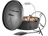 Dutch Oven Set 4 Liter, BBQ Feuertopf Schmortopf, Dickem Gusseisen Kochtopf, Dutch-Oven ohne Beine, inkl. Deckelheber Spiralförmiger Henkel & Topfständer, für Kochen Oudoor Camping