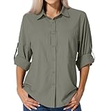 Asfixiado Shirts Damen UV Shirt UPF 50+ Safari Kleidung Wanderbluse Damen Hemdbluse Outdoor Atmungsaktiv Quick Dry Sonnenschutz Langarmshirt Bluse（5087 Grey Green M）
