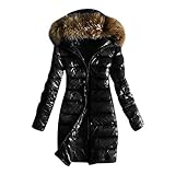 Cantissa Langer Damen-Parka mit Pelzbesatz, mit Kapuze, gepolstert, Winterjacke, Mantel, Winter, warme Baumwolle, Steppjacke, Parka mit Kunstfell-Kapuze, Y1-schwarz, S