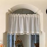 WeeQil Quasten Scheibengardinen Halbtransparent Kurz Küche Modern für kleine Kurze Fenster Wohnmobil 1er Pack, küchen Kurzgardine Kurzstores Gardinen Landhausstil Wohnzimmer, HxB 60x120cm