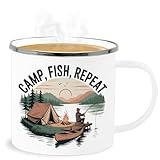 Emaille Becher Blechbecher - Tassen - Camp Fish Repeat I Camping Geschenk Angler I Angelgeschenk Männer I Camper Geschenkideen Angeln I Outdoorfans I Fischen - 300 ml - Weiß Silber