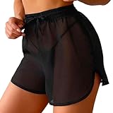 Badeshorts Damen Strandhose Durchsichtig Mesh Bikinihose Schwimmshorts Kurz Bikini Cover Up Shorts Schwimmhose High Waist Bauchweg Badehose Strandshorts Sexy Transparent Badeshort Swim Shorts