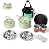 Odoland Camping Kochgeschirr Set Antihaft-Topf und Pfanne Set mit Wasserkocher, Edelstahl Utensilien Mess Kit, Tassen Teller Messer Löffel Gabeln für Outdoor-Kochen