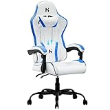 HLONONE Gaming Stuhl Ergonomischer Bürostuhl,Gamer Stuhl mit Kopfstütze,Lendenkissen und Armlehnen,PC Stuhl Höhenverstellbar,Rückenlehne verstellbar 90-135°,Gaming Stuhl Tragfähigkeit 150 kg,Weiß-Blau