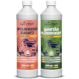 bio-chem Campingtoiletten-Zusätze: Mikrobiologische Sanitärflüssigkeit 1 L + Spülwasserzusatz 1 L inkl. Dosierbecher – Sanitärzusatz für Campingtoilette, Mobile Toilette, Chemietoilette – Made in GER