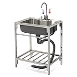 Edelstahl-Spülbecken-Set, kommerzielle 304, Catering, Küche, Waschbecken, 304 Edelstahl, Einzelschüssel mit Wasserhahn-Ständer für Waschküche, Garage, Innen- und Außenbereich, H 85 cm x L 72 cm x B 52