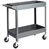 Amazon Basics – Multifunktionaler Materialwagen mit Stahlwanne, 2 Regalböden, mit 181 kg Traglast, grau