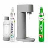 Sparpaket: Mysoda Woody - Wassersprudler aus erneuerbarem Holzkomposit mit 1L BPA-freier Plastikflasche, CO2-Zylinder Classic + CO2-Zylinder Apfel (Grau)