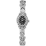 JewelryWe Damenuhr Vintage Diamant Uhr: Schwarz Glitzer Zirkonia Analog Quarz Armbanduhr Damen Klein Schmal Metallarmband Retro Lässige Uhr mit Bling Strass Ovalem Gehäuse Silber