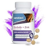 Sanotact Bierhefe + Zink Tabletten – 180 Stück | Für Haut, Haare & Nägel | Vitamin-Komplex mit Bierhefe, Zink, Biotin, Vitamin B12, B6 & Vitamin C | 100% Vegan
