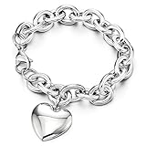 COOLSTEELANDBEYOND Rolo Kette Charm-Armband für Damen, Gliederarmband Edelstahlarmband mit Puff Herz, Poliert