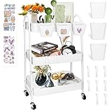 KIMIGO Rollwagen mit 3,Ebenen,Servierwagen,KüChenwagen,Rollwagen Metall mit Feststellbaren RäDern & HäNgenden Bechern & Haken,Aufbewahrung,Kunstwagen,Trolley,mit SüßE Aufkleber,Weiß