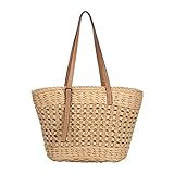 Ayakizi Stroh Strand Schultertasche Tasche, Damen Sommer Handtasche Weben Eimer Korbtasche Basttasche Casual für Outdoor Reise Schule Arbeit Einkaufen (Braun)