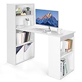 COSTWAY Schreibtisch mit Bücherregal, Computertisch mit 6 Regalen, PC-Tisch mit Regal rechts oder Links, Bürotisch, Arbeitstisch für Zuhause, Büro und Wohnheim, 122 x 56 x 122 cm (Weiß)