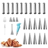 LdawyDE Schaumrollenformen, 27er Schillerlockenform Edelstahl Puffmund Spritztüllen Backform mit Silikon Spritzbeutel Reinigungsbürste – Perfekt für Schaumrollen Hörnchen Kreatives Backen