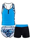 TiaoBug Mädchen Badeanzug 3pcs Tankini Bikini Sets - Badeshirt Oberteil + Badehose + Biniki Slip Shorts Kinder Schwimmanzug Badebekleidung gr. 92-152 Blau B 134-140