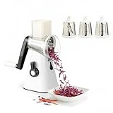 VINATO Multifunktions-Gemüseschneider mit Drehgriff, 430 Edelstahlklingen, 3 austauschbare Klingen für Reiben/Schneiden/Raspeln, Saugnapf-Basis - BPA-frei, lebensmittelechtes ABS