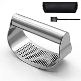 Topways Knoblauch Ingwer Presse Wippe, Knoblauchpresse 430 Edelstahl Küchenhelfer Crusher Squeezer Küchenhelfer Knoblauchpresse für Knoblauch Ingwer, Silikon Knoblauchschäler, Reinigungsbürst